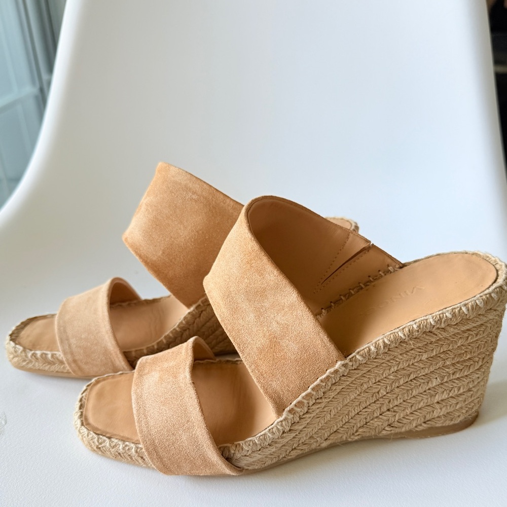 VINCE Garlin Suede Espadrille Wedge Slide Sandals Camel Size 7.5